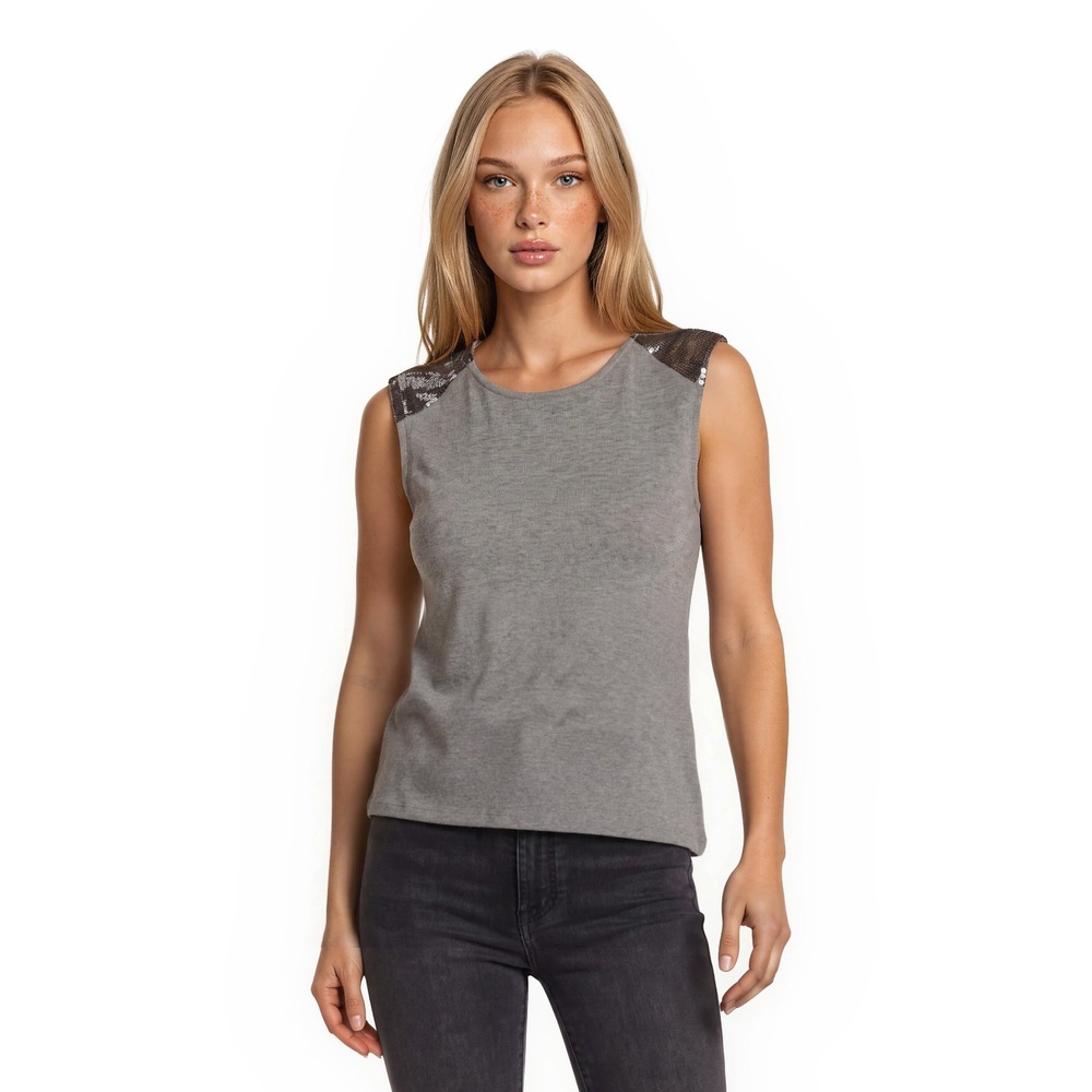 Lauren Ralph Lauren Sequin Shoulder Top Women's Size Medium Gray Shirt Blouse